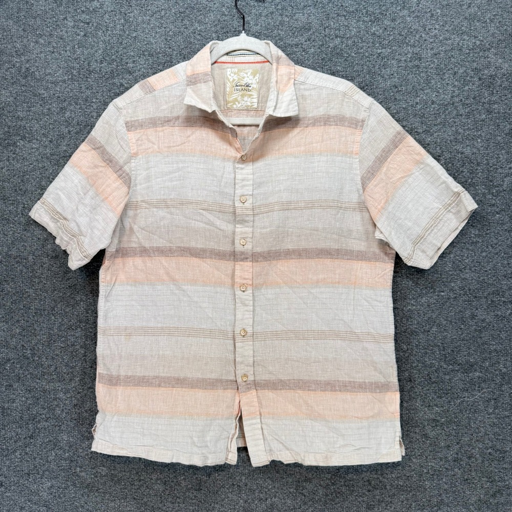 Tasso Elba Island Button Down Shirt Men Medium Beige‎ Striped Linen Blend Casual